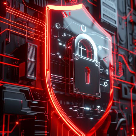 3D rendering, shield with lock icon and digital data on dark red background, symbol of security in cyberspace or online system. Cyber public safety concept with futuristic technology elements. , high resolution, good lighting --ar 2:3 Job ID: 3f4bf919-9c60-4600-979b-a985dde318c0